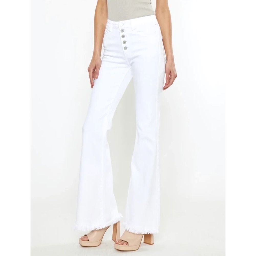 KANCAN White Denim CHALENE High Rise BUTTON-FLY Frayed Flare Leg JEANS SZ 11/29